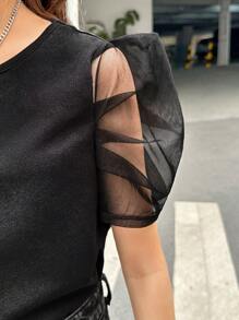 SHEIN Tween Girl Contrast Mesh Bubble Sleeve Round Neck T-Shirt - Black - View 6