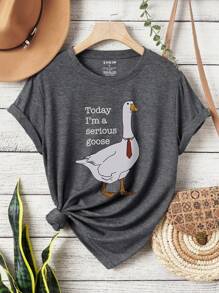 INAWLY Áo thun ngắn tay in họa tiết hình con vịt hoạt hình có khẩu hiệu, cổ tròn Hôm nay tôi là một con ngỗng nghiêm túc - Màu xám đen - Xem 5