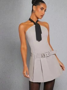 Hauture Tie Halter Neck Belted Pleated Dress - Grey - View 1