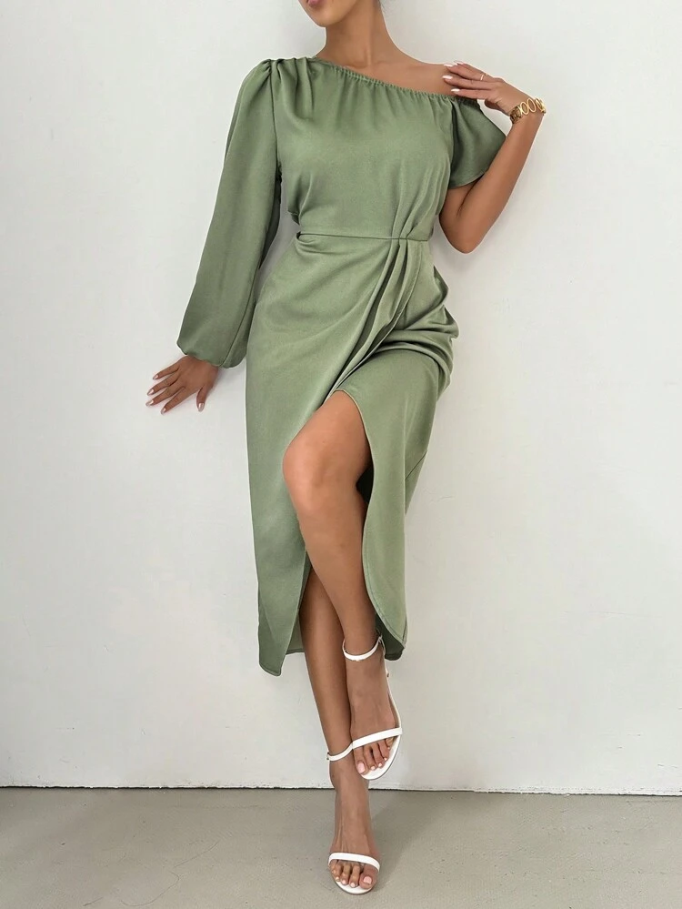 Women's Asymmetric Neck Lantern Sleeve Wrap And Hem Dress For Spring/Summer