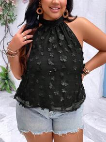 SHEIN Clasi Plus Size Flower Applique Sleeveless Casual Shirt - Black - View 1