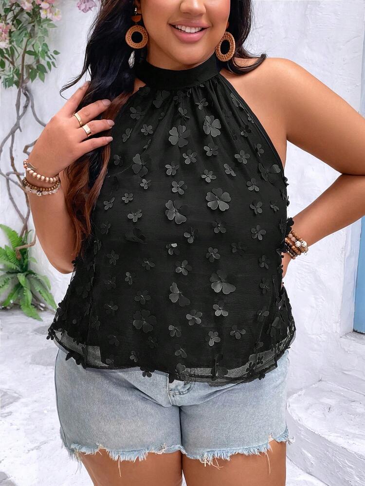 Plus Size Flower Applique Sleeveless Casual Shirt