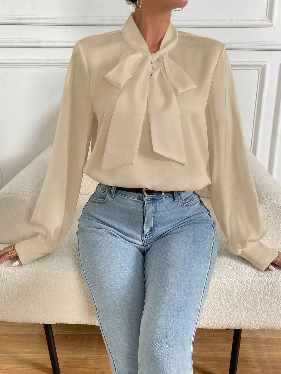 Chiquease 女士春夏裝優雅長袖綁領襯衫 - 杏色 - 查看 1