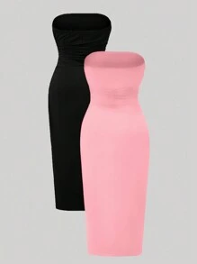 Chiquease Ladies' 2pcs Solid Color Pencil Dress With Pleated Bust Maxi Women Outfit - Pink - View 3