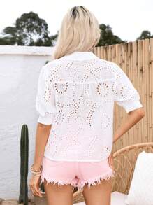 GENKIRA Hollow Out Puff Sleeve Embroidered Women's Casual Holiday Shirt - White - View 2