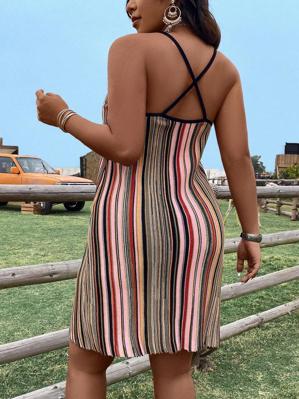 Women's Fashionable Plus Size Striped Vacation Style Spaghetti Strap Dress For Summer