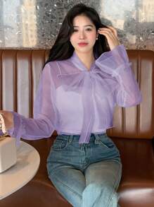 DAZY Women's Solid Color Collared See-Through Shirt With Tie Detail Long Sleeve Women - Purple - View 2