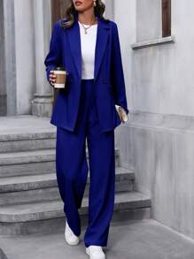 Calvaya Women's Solid Color Suit Set With Lapel Collar Jacket And Long Pants