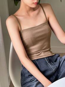 DAZY Chất rắn Đan Xương sườn Cami ngọn - Màu Khaki - Xem 2