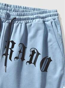 ROMWE MEN Street Life 男士口號印花籃球短褲，適合春夏日常穿著 - 藍色 - 查看 5