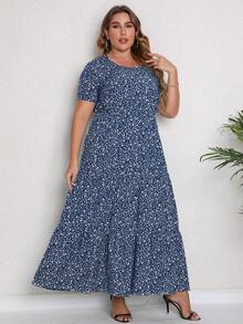 Plus Size Women's Short Sleeve Round Neck Bohemian Vacation Floral Printed Dress - Blue - View 3