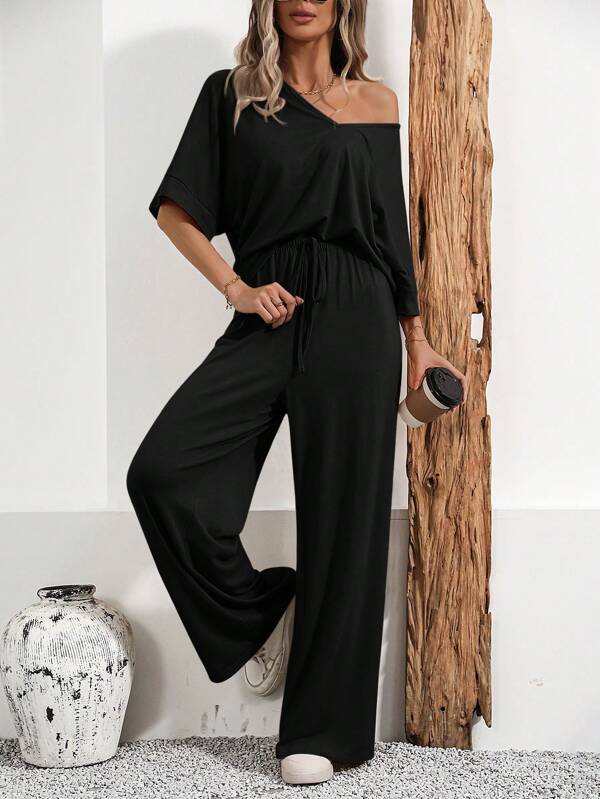 SHEIN LUNE Women's Two Pieces Set - V-Neck Batwing Sleeve Top And Wide Leg Pants For Spring/Summer