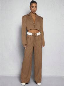 SHEIN Unity Pinstripe Jacket & Foldover Pants Set - Dark Grey - View 3