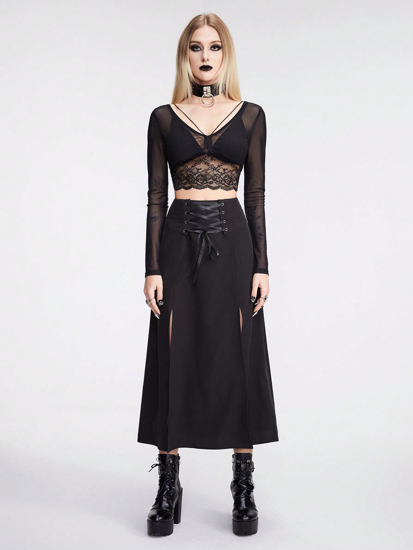 Our Goth Women's Gothic Style High Slit Skirt With Tie Front