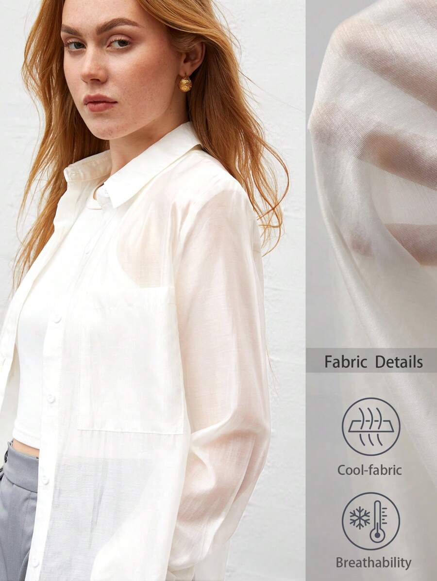 SHEIN BIZwear 女士長袖衫,配有前袋 - 白色 - 查看 1