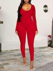 Women U-Neck Unitard, For Summer - Red - View 3