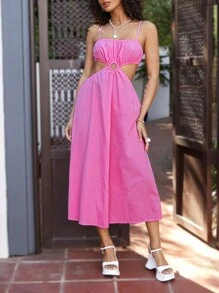 Soleia 女士休閒度假鏤空腰部吊帶洋裝搭配金屬環裝飾