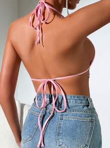Zolique Ladies' Rhinestone Embellished Fringe Hem Crop Top With Halter Neck - Pink - View 3