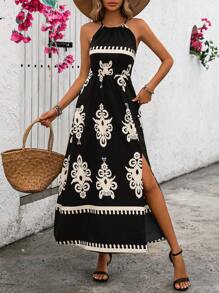 SHEIN Holidaya Đầm cổ yếm in họa tiết đen trắng thời trang dành cho nữ (In ngẫu nhiên) Trang phục đi biển dài ngày - màu đen - Xem 1