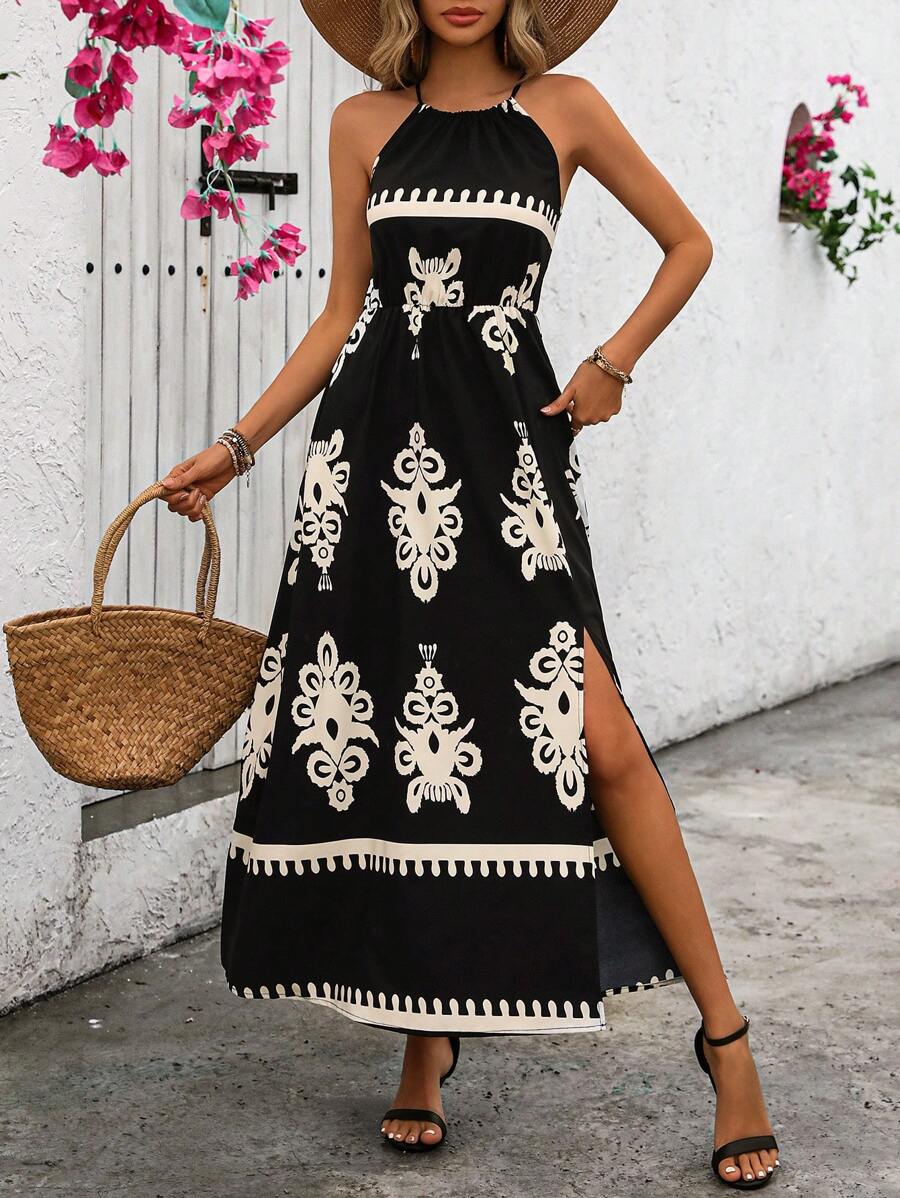 SHEIN Holidaya Đầm cổ yếm in họa tiết đen trắng thời trang dành cho nữ (In ngẫu nhiên) Trang phục đi biển dài ngày - màu đen - Xem 1