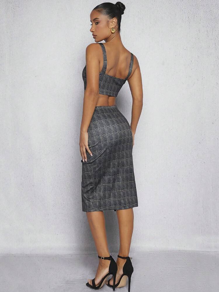 Plaid Button Top & Split Skirt Two Piece Set