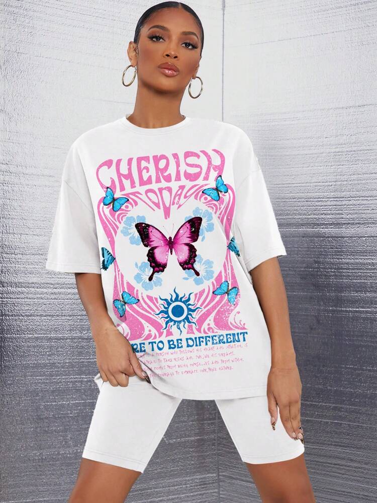 Summer Casual Pink Butterfly & Floral Print Short Sleeve Top And Shorts