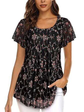 CheersLife Women's Short Sleeve Tunic Tops Floral Double Layers Casual Dressy Blouse Shirts