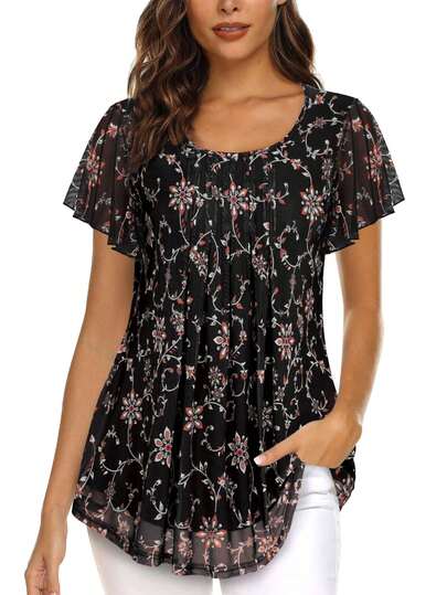 CheersLife Women's Short Sleeve Cinched Waist Top, Floral Double Layer Casual Formal Blouse Vacation Black Summer
