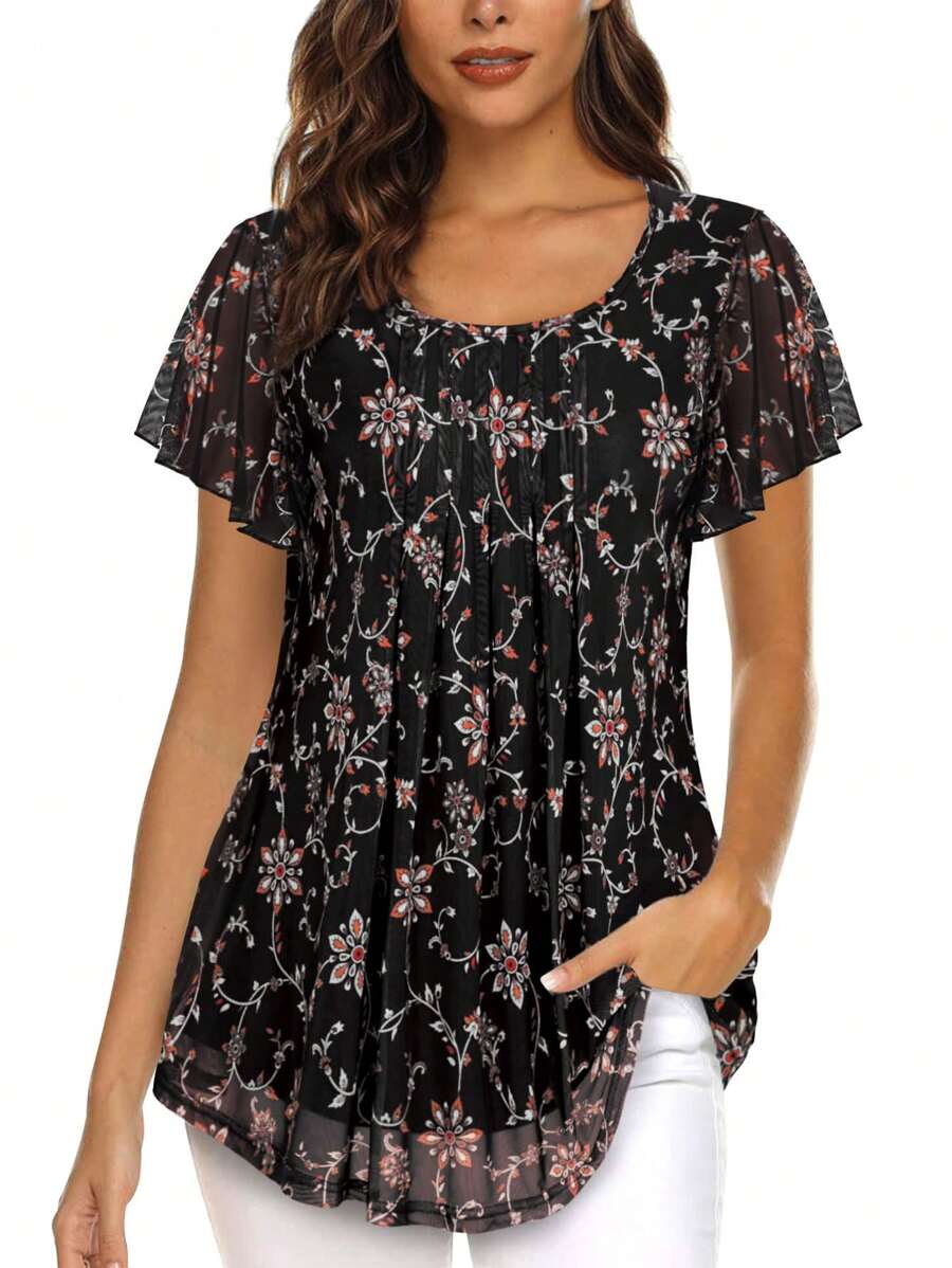 CheersLife 女式短袖束腰上衣花朵雙層休閒時尚衣服襯衫