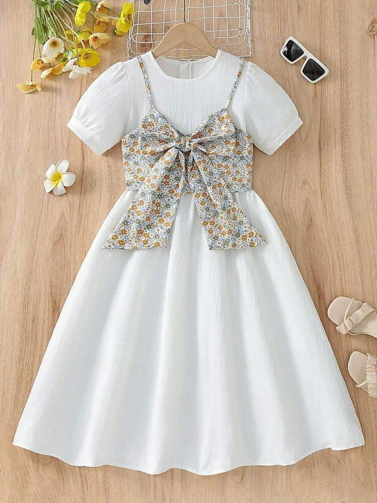 Tween Girls' Summer 3d Bow Floral Print Spaghetti Strap Tank Top And Short Puff Sleeve Bubble Hem Dress