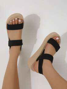 女士彈性帶編織草皮拖鞋,黑色繩索楔型拖鞋,夏季時尚沙灘平底涼鞋,卡其色 - 黑色 - 查看 2
