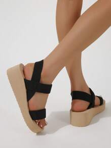 女士彈性帶編織草皮拖鞋,黑色繩索楔型拖鞋,夏季時尚沙灘平底涼鞋,卡其色 - 黑色 - 查看 5