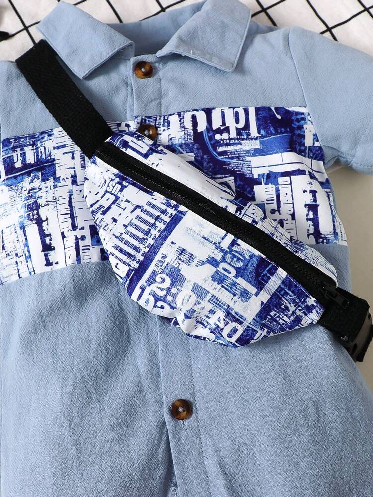 寶寶男童夏季休閒街頭風格拼接折領連身褲配有桶帽和斜挎包 - 淺藍色 - 查看 4