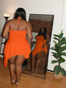 Slaydiva Plus-Size Summer Sleeveless Halter Neck Asymmetrical Hem Mini Dress With Straps - Orange - View 2