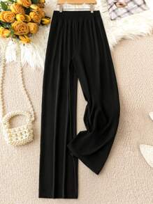 SHEIN LUNE Kích thước lớn Eo cao Màu thuần Rộng chân Quần Với nút Mặt trước - màu đen - Xem 2