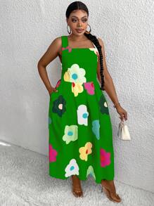 Maweii 夏季花卉印花大尺碼方領無袖連衣裙 - 彩色 - 查看 6