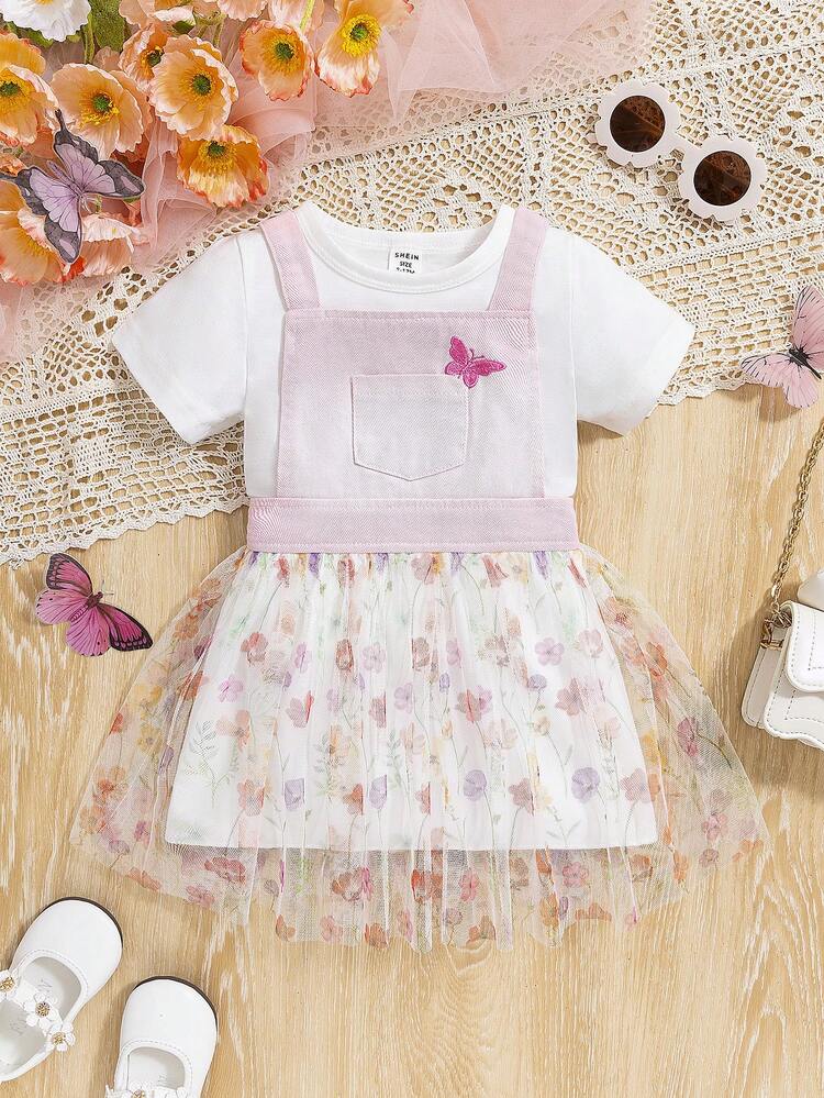 Baby Girl 2pcs/Set Gradient Pink Washed Denim & Flower Mesh Suspender Dress And Stylish T-Shirt Spring/Summer Outfits