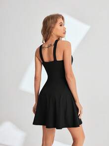 SHEIN Sports Solid Color Hollow Out Halter Neck Sports Dress - Black - View 2
