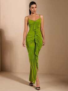 SHEIN BAE 女性性感優雅的褶邊長款背心連衣裙,緊身罩杯和前褶皺細節 - 綠色 - 查看 3