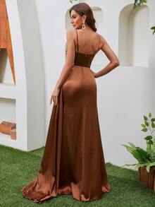 Satin Waist Tied High Slit Maxi Bridesmaid Dress - Brown - View 6