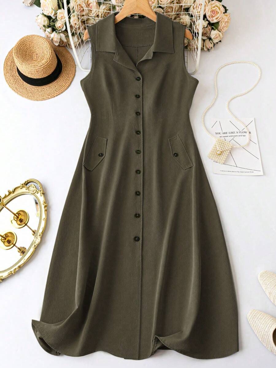 SHEIN Clasi Cộng với kích thước mùa hè Váy không tay thường ngày có nút phía trước - xanh quân đội - Xem 1