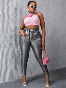 SHEIN SXY Y2k風格金屬情人節派對性感高腰修身銀色彈力中大碼女士牛仔褲 - 彩色 - 查看 6