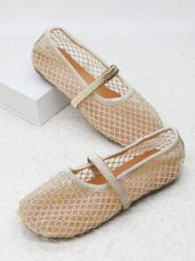 Golden Breathable Mesh Fabric With Random Rhinestone Texture And Elastic Straps, Round Toe Comfortable Flat Shoes For Girls' Daily Wear And Vacation