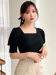 FRIFUL Camiseta Feminina Com Mangas Bufantes, Gola Redonda E Laço Nas Costas, Cor Sólida - Preto - Ver 7