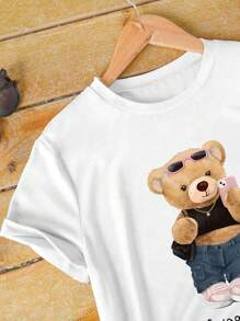 INAWLY 女士休闲短袖 T 恤，卡通熊印花，夏季图案 T 恤女上衣 - 白色 - 查看 5
