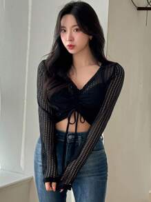 Dazy Designer 春夏短袖女式透视网眼短款上衣，V 领和系带外出上衣，节日透明，返校服装长袖女式上衣 - 黑色 - 查看 7