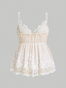 ROMWE Kawaii Plus Size Summer Floral Embroidery V-Neck Babydoll Cami Top With Ruffled Hem, School - Apricot - View 2
