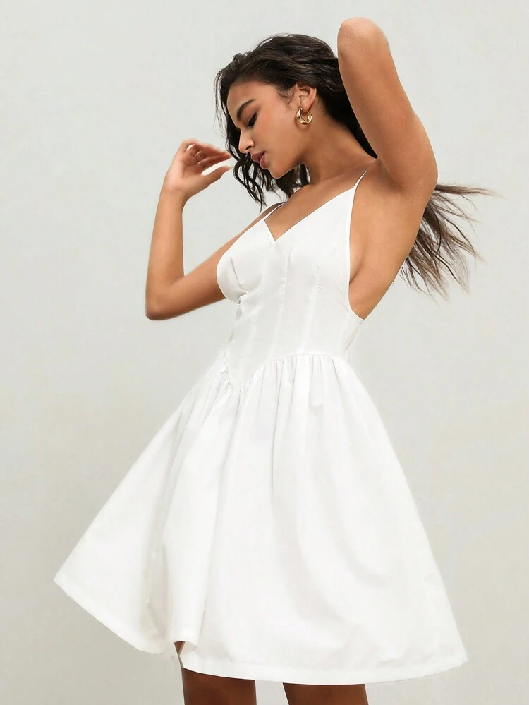 Casual Vacation Style Backless Cami Dress With Cinching Waist For Summer