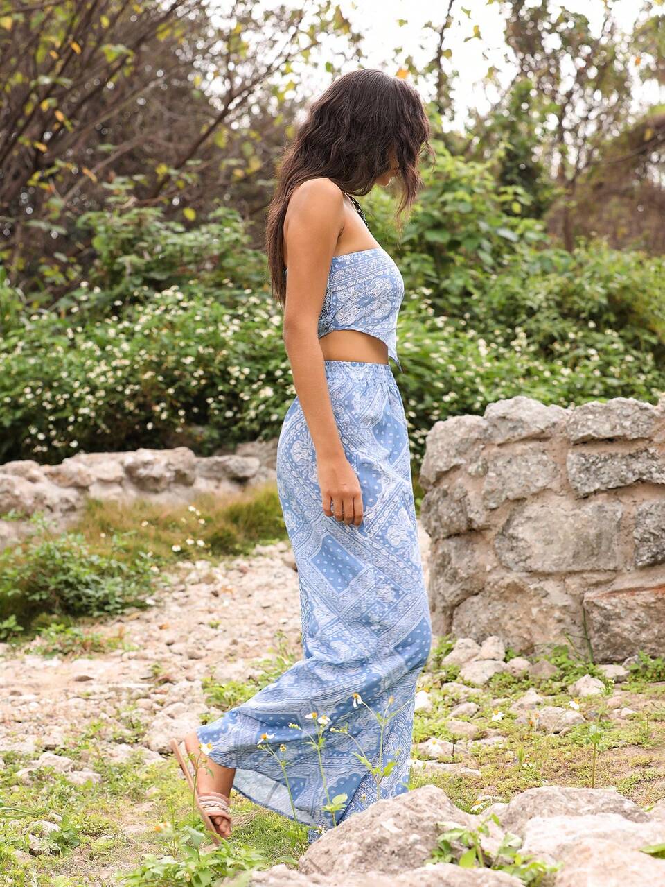 Women's Summer Vacation Style Paisley Print Asymmetric Hem Bandeau Top And Wide Leg Pants 2pcs/Set