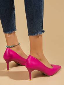 Women's Fashion Casual Outdoor Stiletto Kitten Heel Solid Color Synthetic PU Court Shoes Pointed Toe High Heels - Hot Pink - View 4